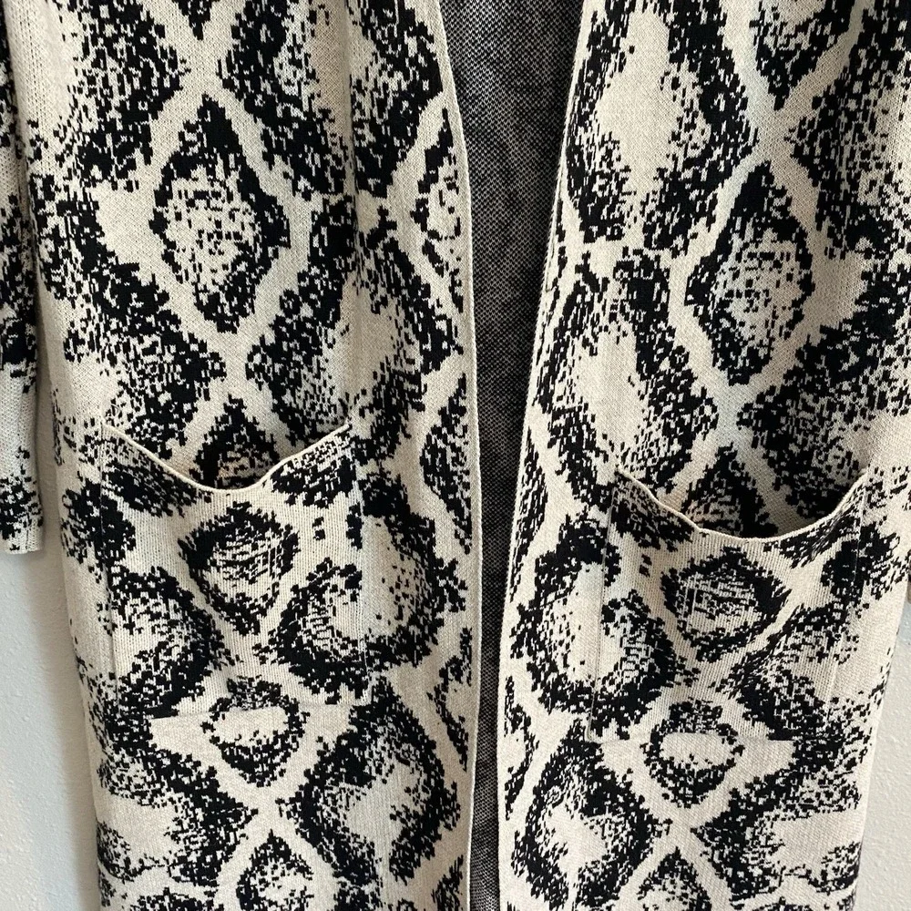 100% Cotton‎ Longline Maxi Duster Cardigan Black Cream Geometric Print S